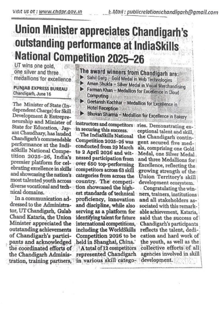 Punjab Express front-page report on the IndiaSkills national results