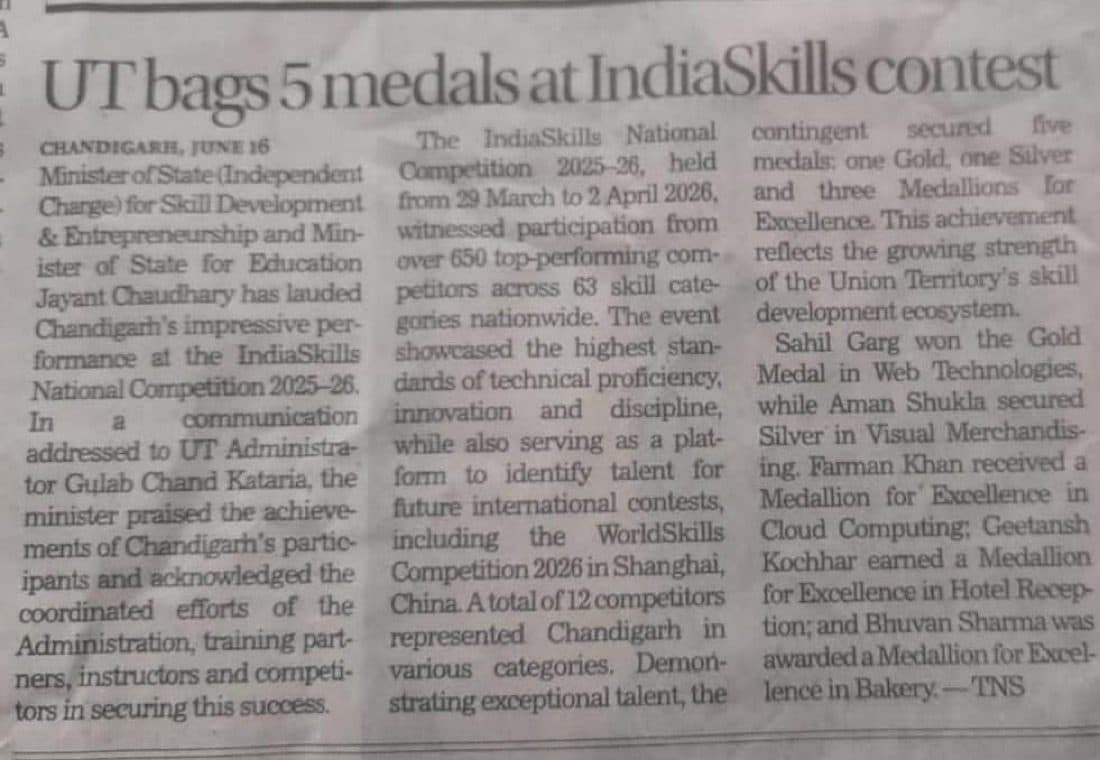The Tribune report naming the gold medal in Web Technologies
