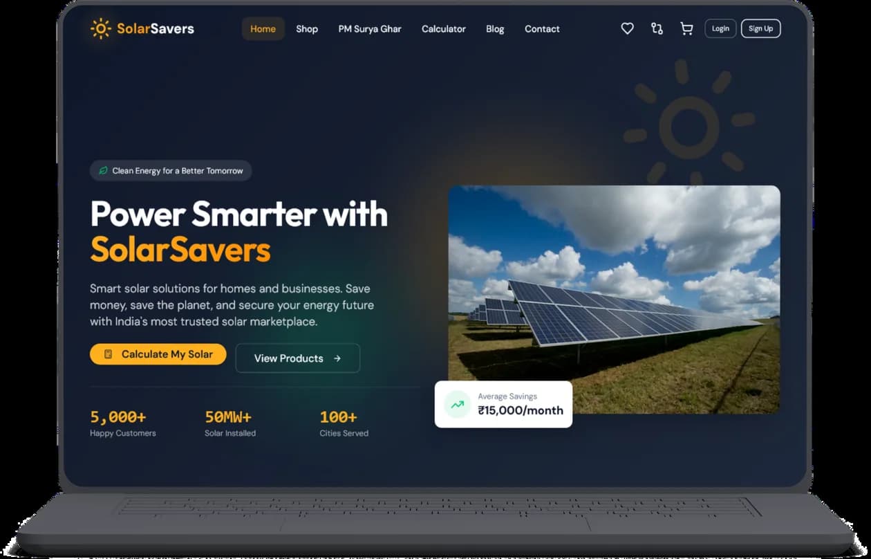 Solar Savers marketplace homepage with savings calculator and vendor products