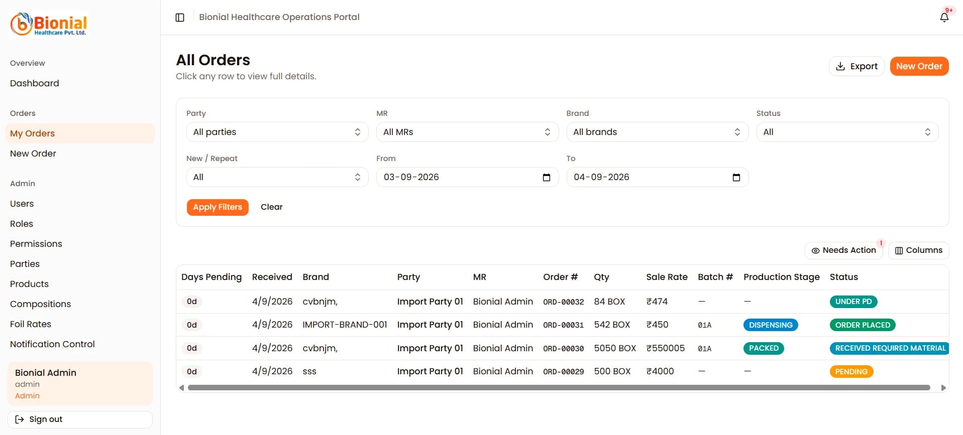 All orders view with party, brand and status filters across the production pipeline