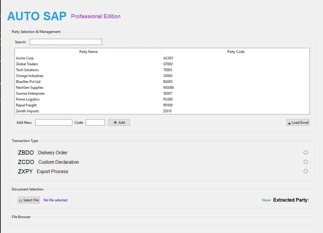 BlueCross SAP billing automation desktop application with party selection and document extraction