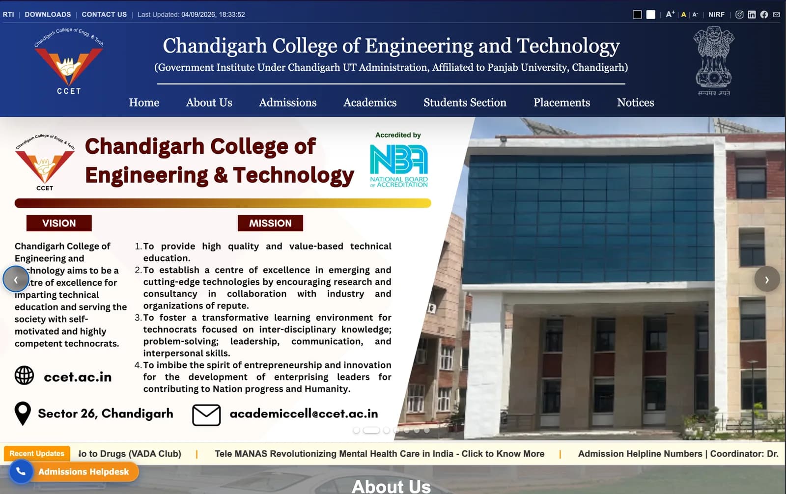CCET homepage with the institute masthead, primary navigation and vision and mission slider
