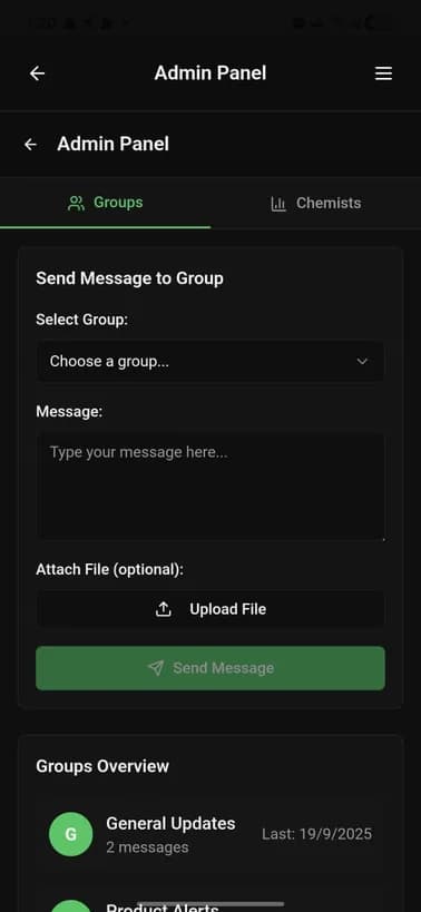 CCA Connect admin panel for broadcasting messages to member groups