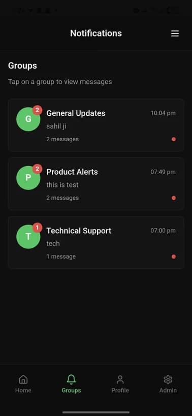 CCA Connect notifications screen grouped by announcement channel