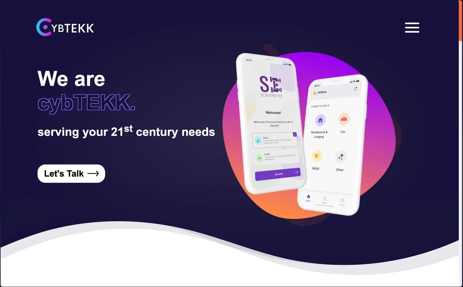 CybTekk homepage with the gradient brand hero and app mockups