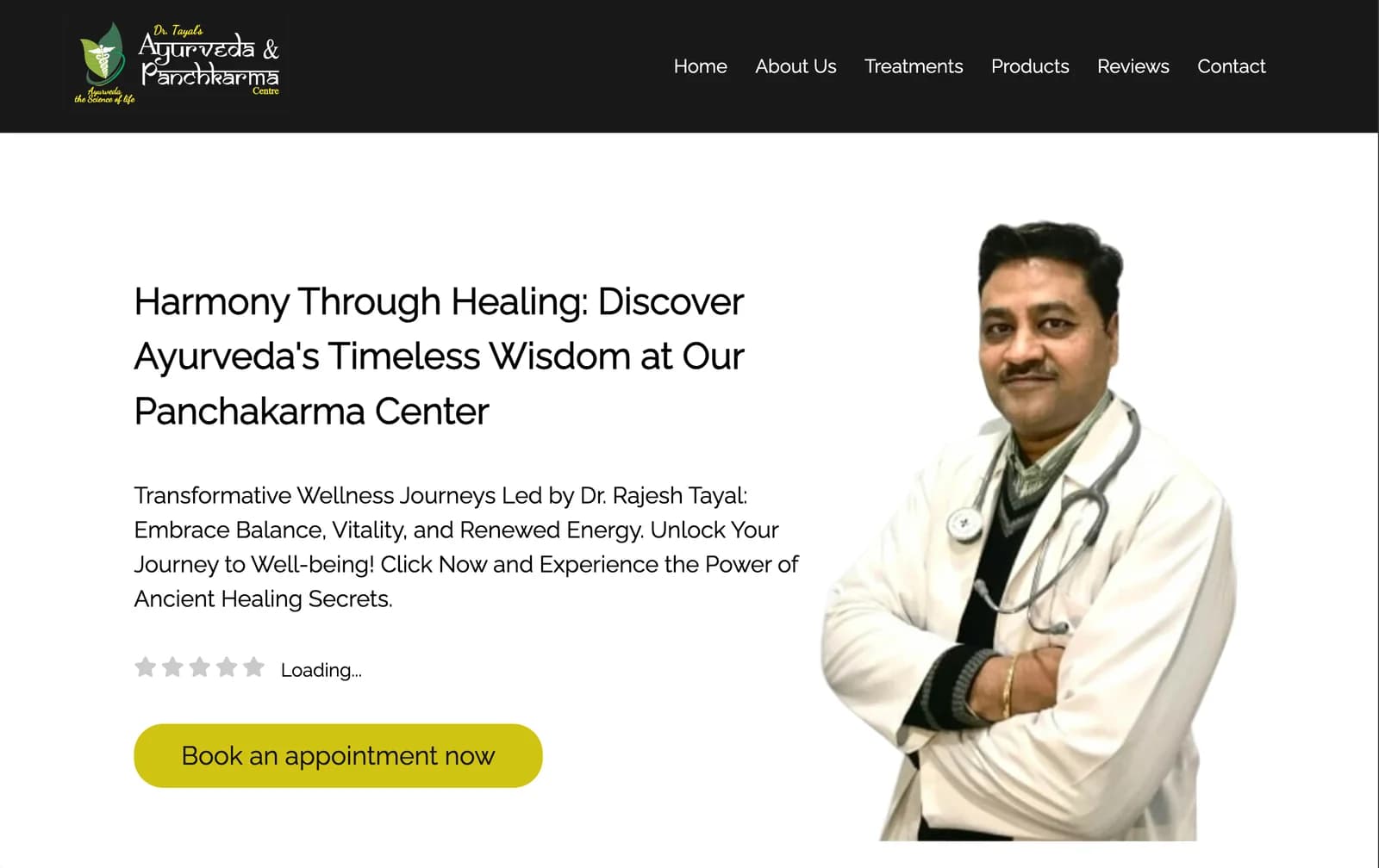 Dr. Tayal's Ayurveda and Panchkarma Centre homepage with the practitioner and appointment booking call to action