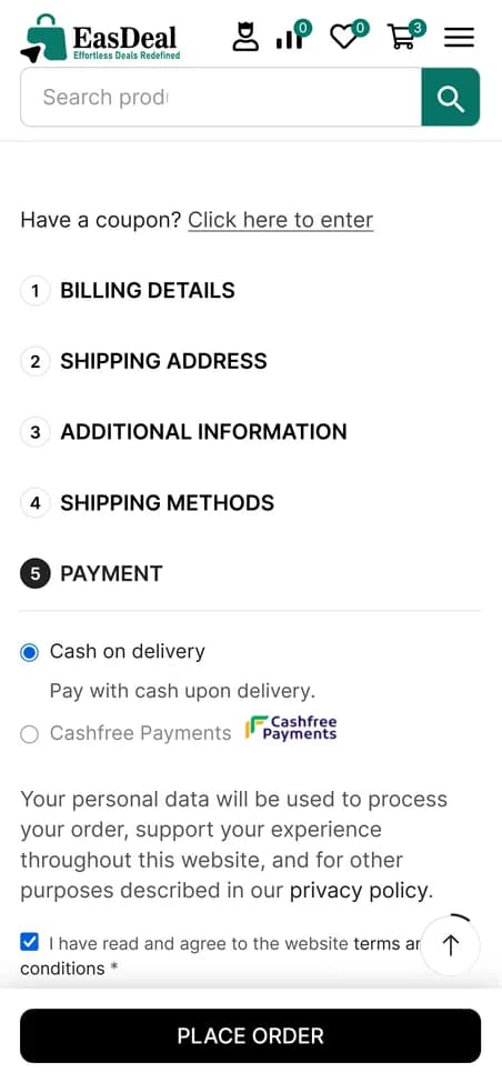 Easdeal checkout with billing, shipping and payment steps