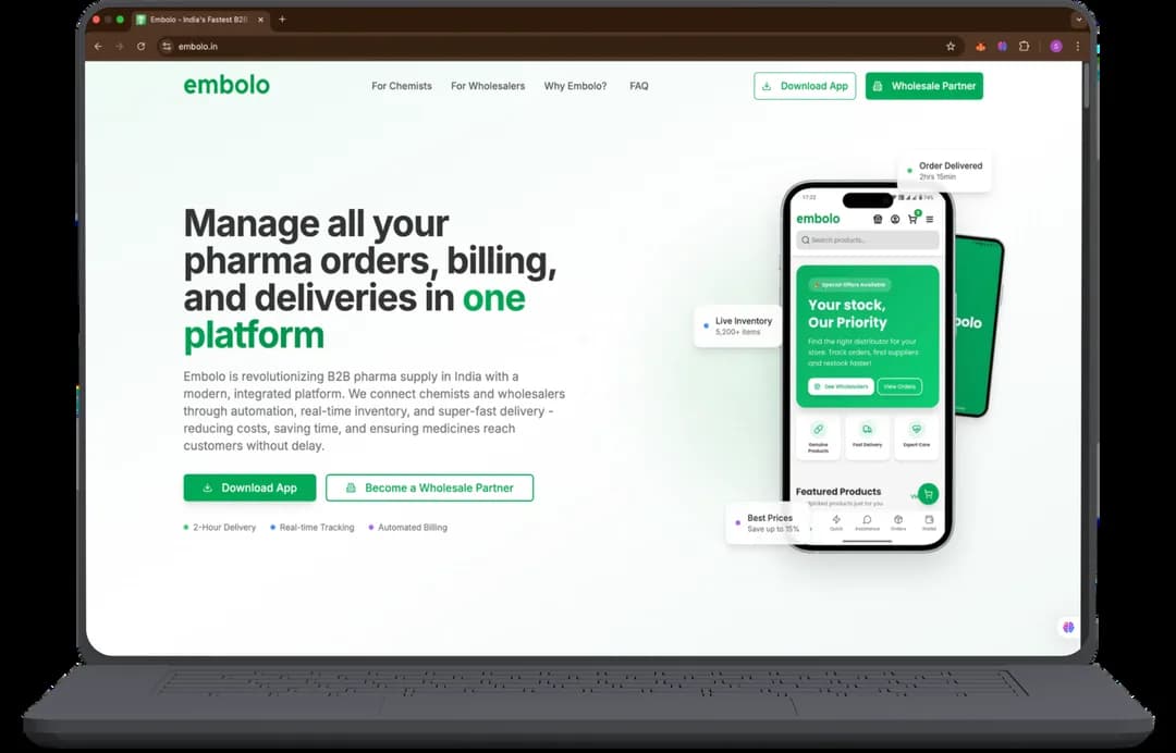 Embolo web platform showing pharma orders, billing and deliveries in one place