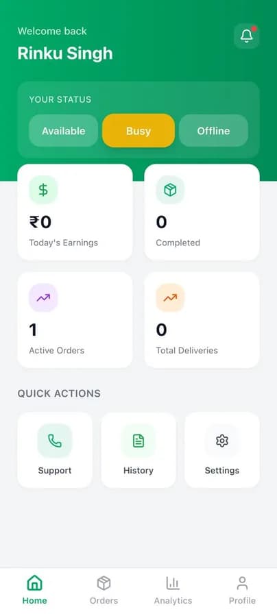 Driver dashboard showing shift status, earnings and today's deliveries
