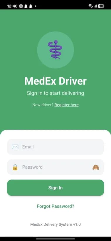 Delivery app sign-in screen for delivery agents