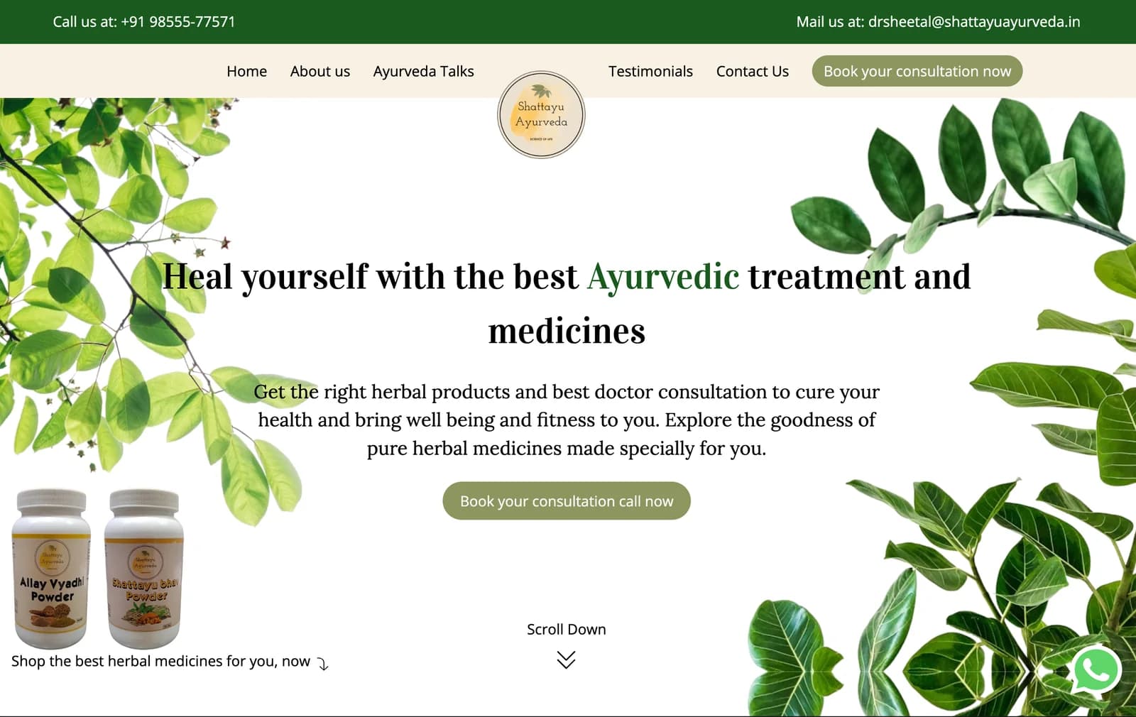 Shattayu Ayurveda homepage with herbal treatment hero and consultation booking call to action
