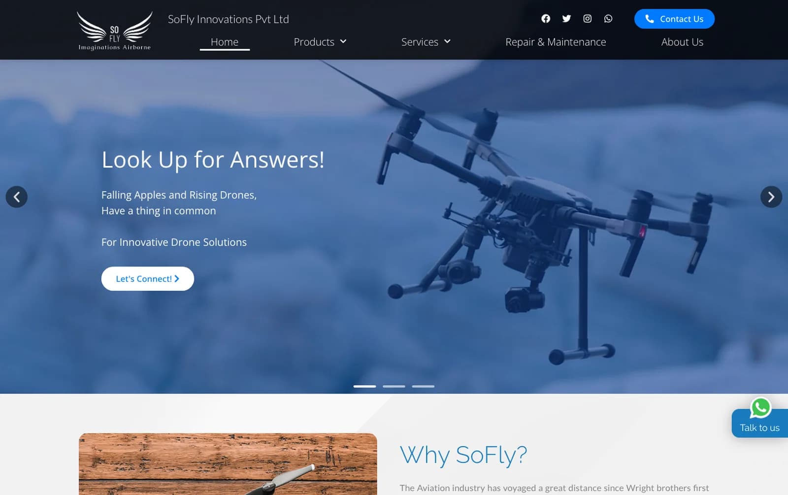 SoFly Innovations homepage with the drone hero slider and product navigation