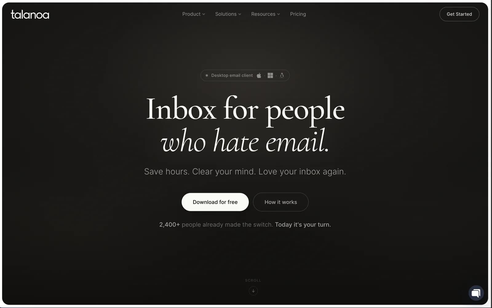 Talanoa homepage with the inbox-for-people-who-hate-email hero and download call to action